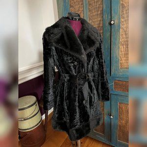 Stylish Vintage Black Sherpa Jacket Coat - Tie Waist